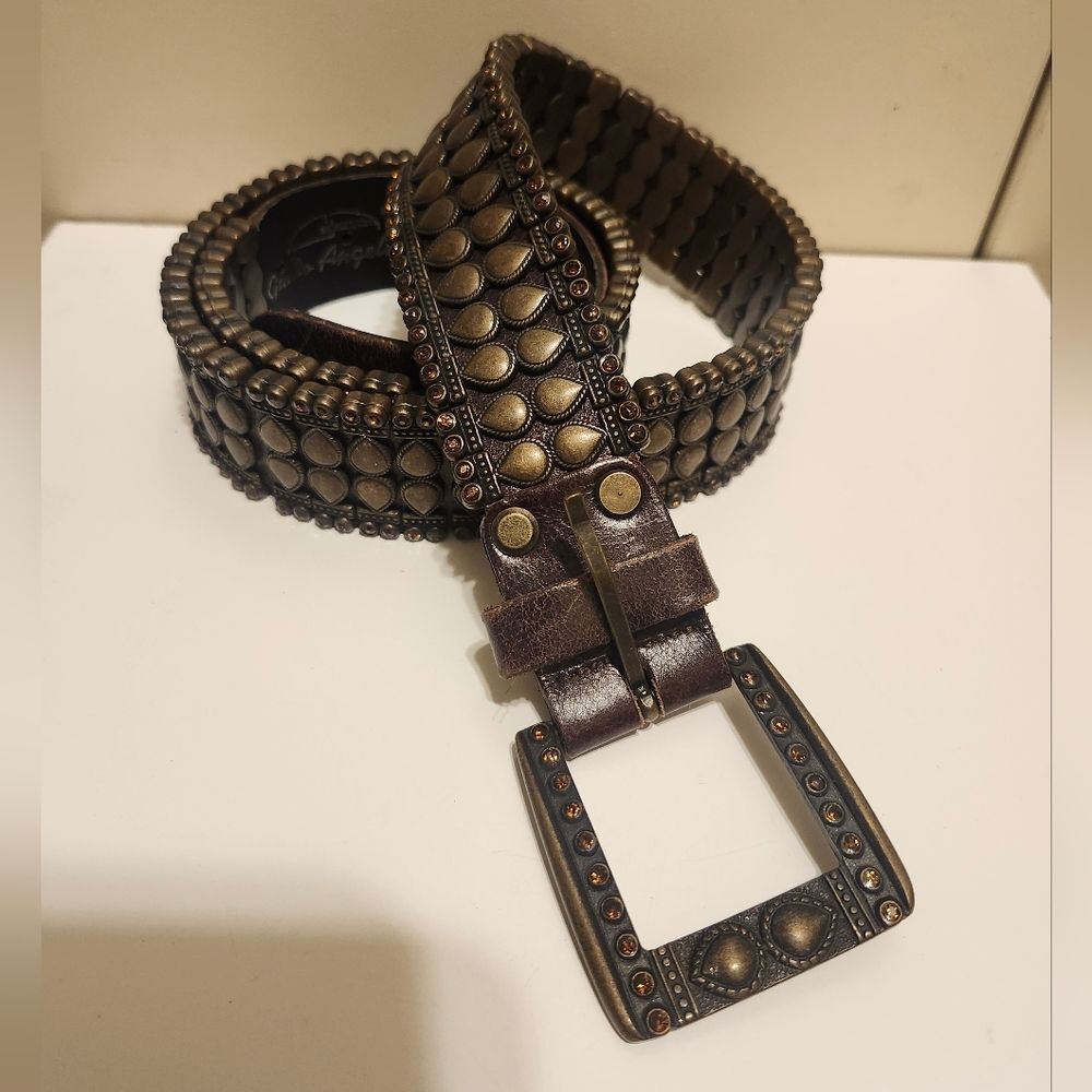 New,Never Worn Guido Angeloni Brass/ Leather w/Swarovski Crystals Belt Sz.L $200